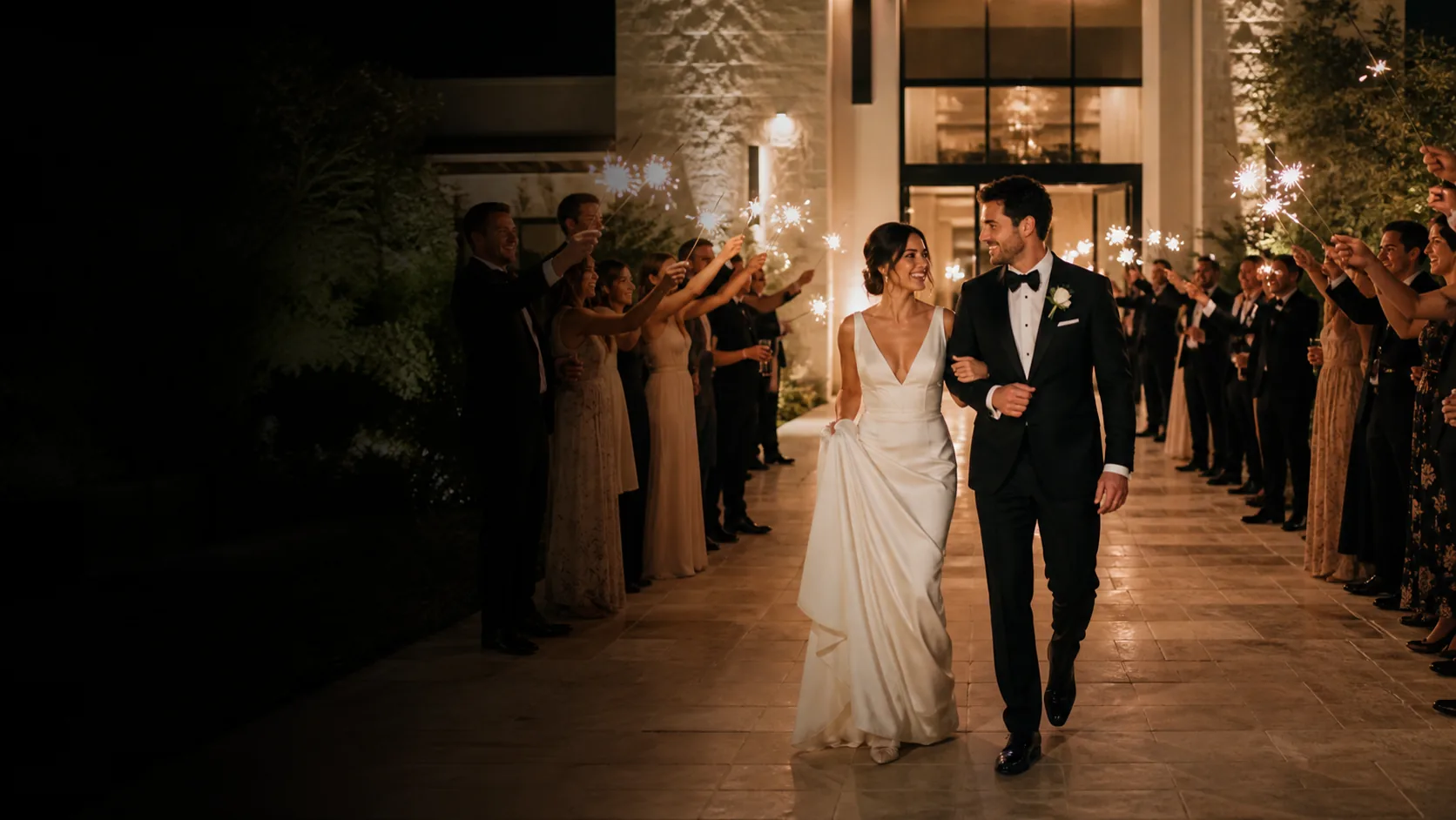 A newly married couple walking through an elegant sparkler send-off